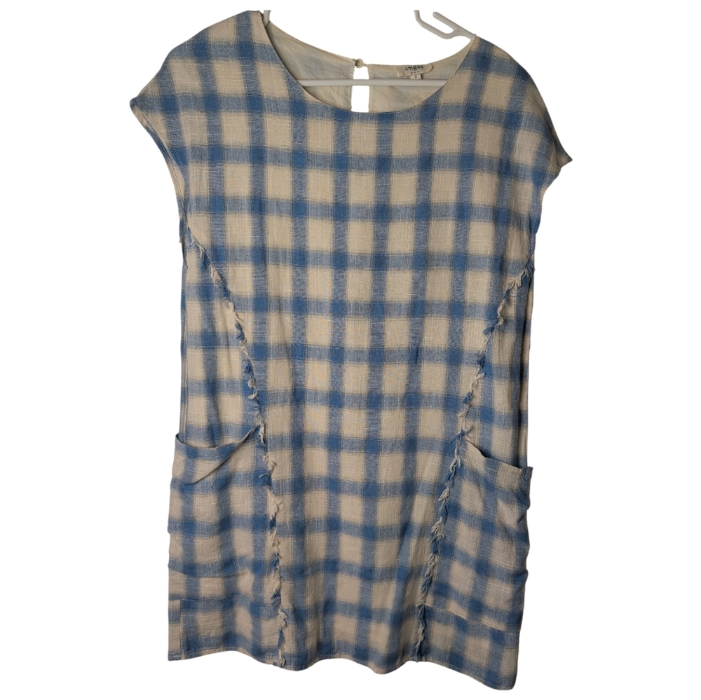 Umgee Blue and Cream Checkered Mini Dress, PTP 20 - Picture 3 of 7